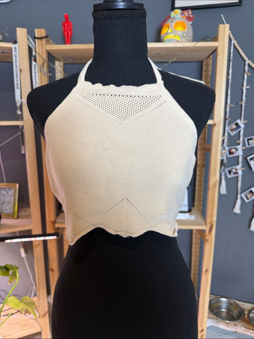 Cream Knit Halter Crop Top - Sleeveless Knit Tank